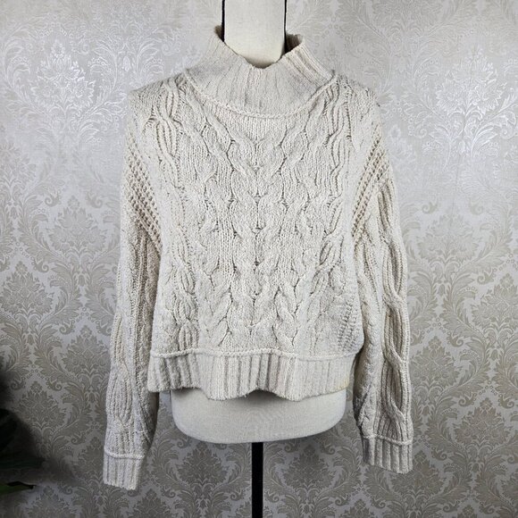 Free People Sz Medium Merry Go Round Cream Cable Knit Cropped Sweater Mock Neck - Picture 1 of 12